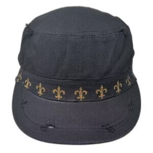 D&Y Army Cap Hat Black Gold Fleur-de-lis Distressed Fitted One Size Embroidered